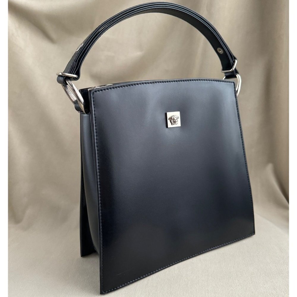 Gianni Versace Vintage Silver Medusa Tote Bag Black PU Leather